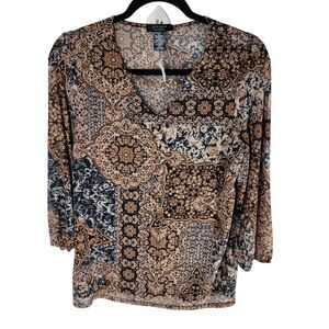 Love Ryan Womens Sz M Brown Geometric 3/4 Sleeve Blouse